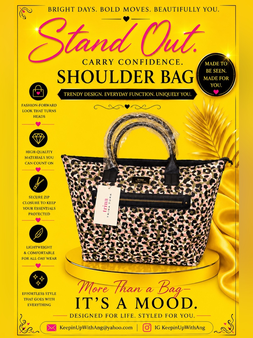Trina Brand Leopard Print Pink Accent Shoulder Bag
